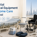 Essential home care medical equipment in Dubai with a hospital bed, wheelchair, walker and portable medical devices