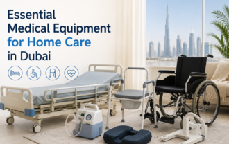 Essential home care medical equipment in Dubai with a hospital bed, wheelchair, walker and portable medical devices